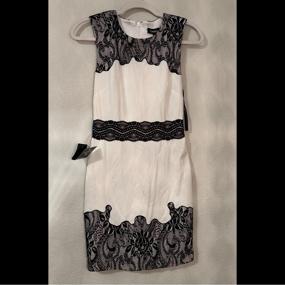Bebe Women's Sleeveless Dress White With Black Lace NWT SIZE S